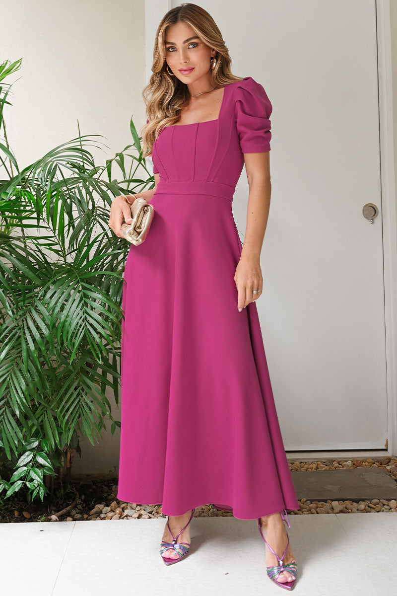 Vestido Midi Bruna Manga Bufante com Barbatana - Fúcsia