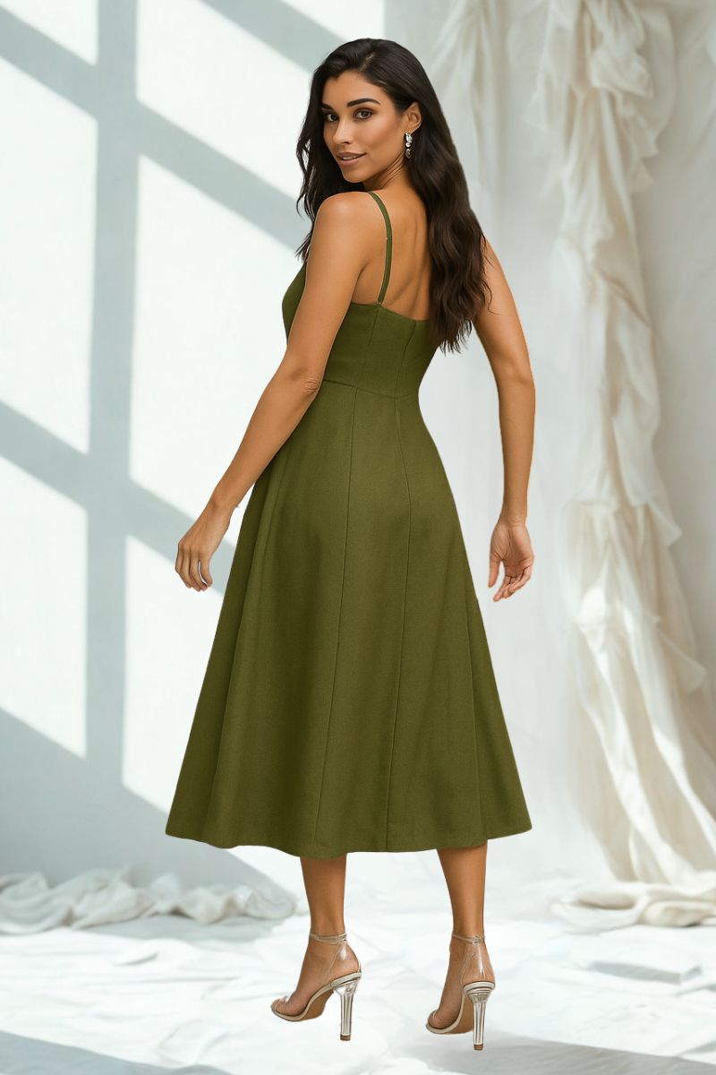 Vestido Midi Amanda com Detalhe Vazado e Bolsos - Verde Escuro