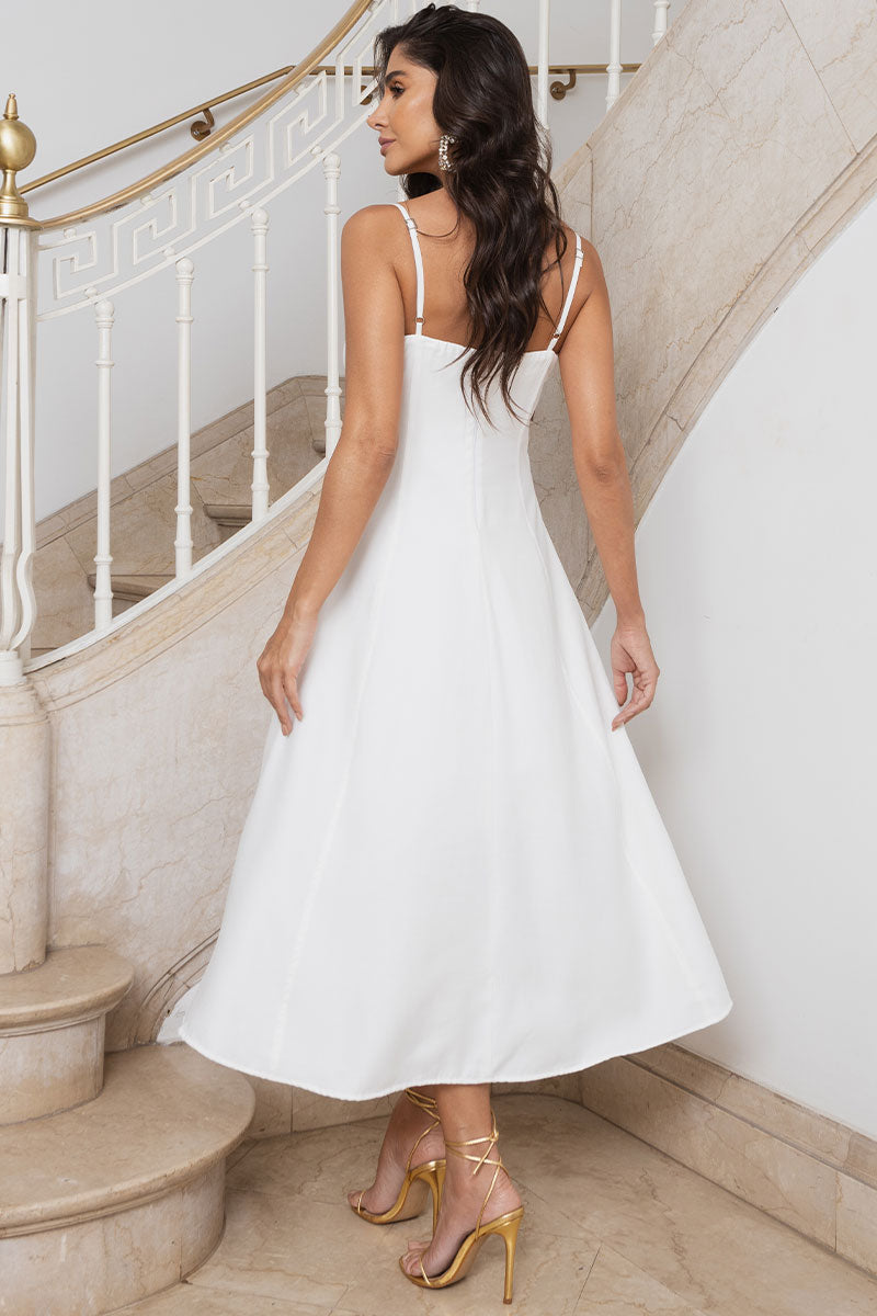 Vestido Midi Amanda com Detalhe Vazado e Bolsos - Off White