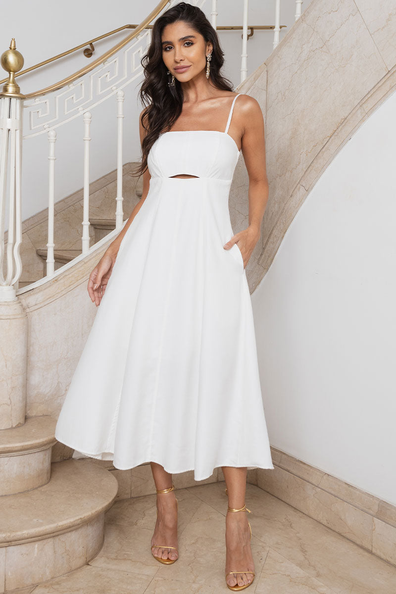 Vestido Midi Amanda com Detalhe Vazado e Bolsos - Off White