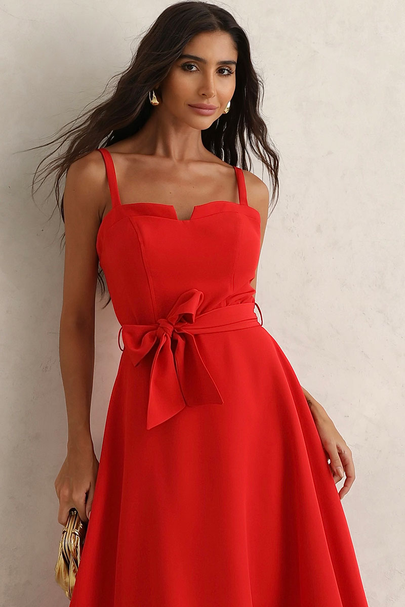 Vestido Midi Patrícia Alças Finas e Faixa - Vermelho