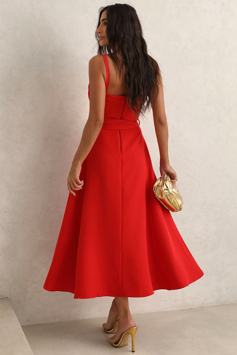 Vestido Midi Patrícia Alças Finas e Faixa - Vermelho
