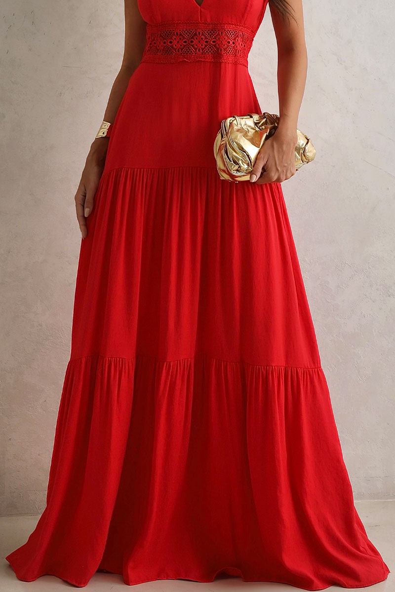 Vestido Val Longo Com Detalhe Guipir - Vermelho