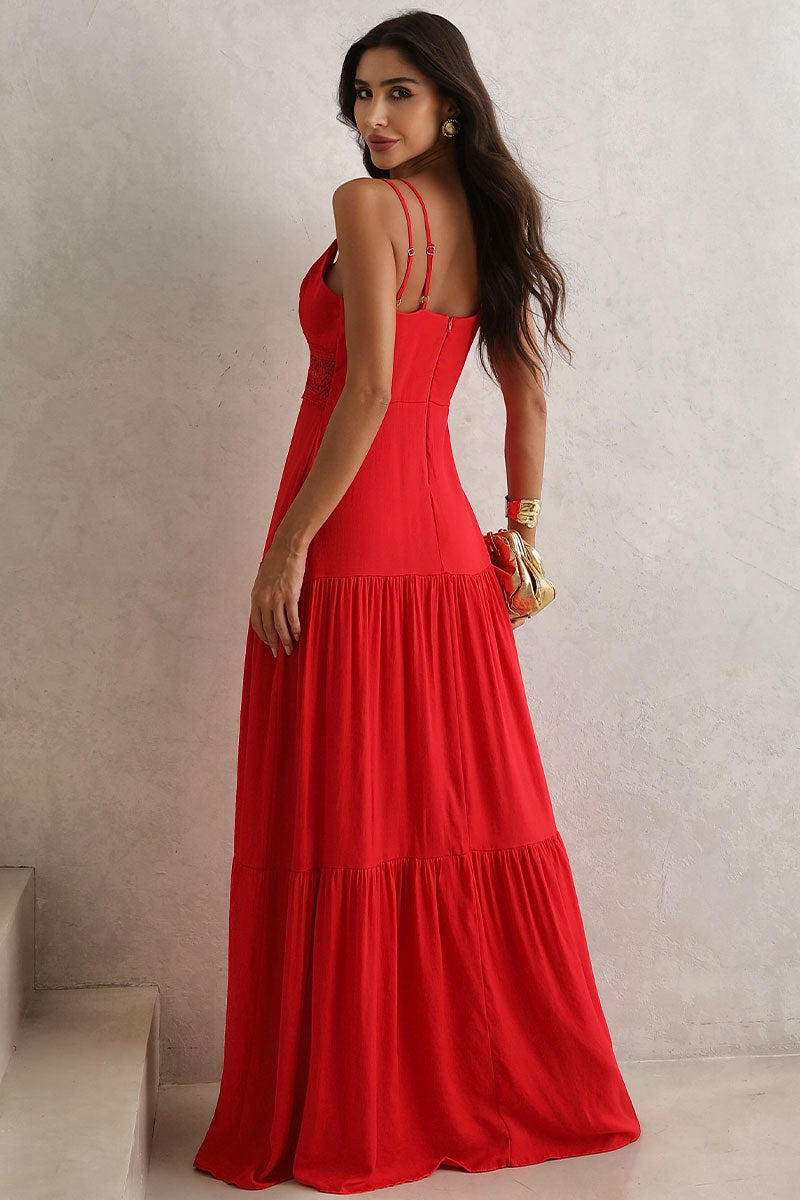 Vestido Val Longo Com Detalhe Guipir - Vermelho