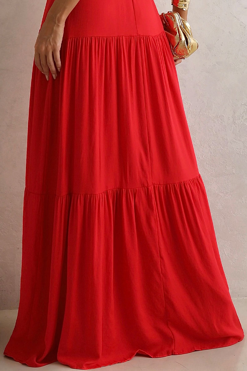 Vestido Val Longo Com Detalhe Guipir - Vermelho