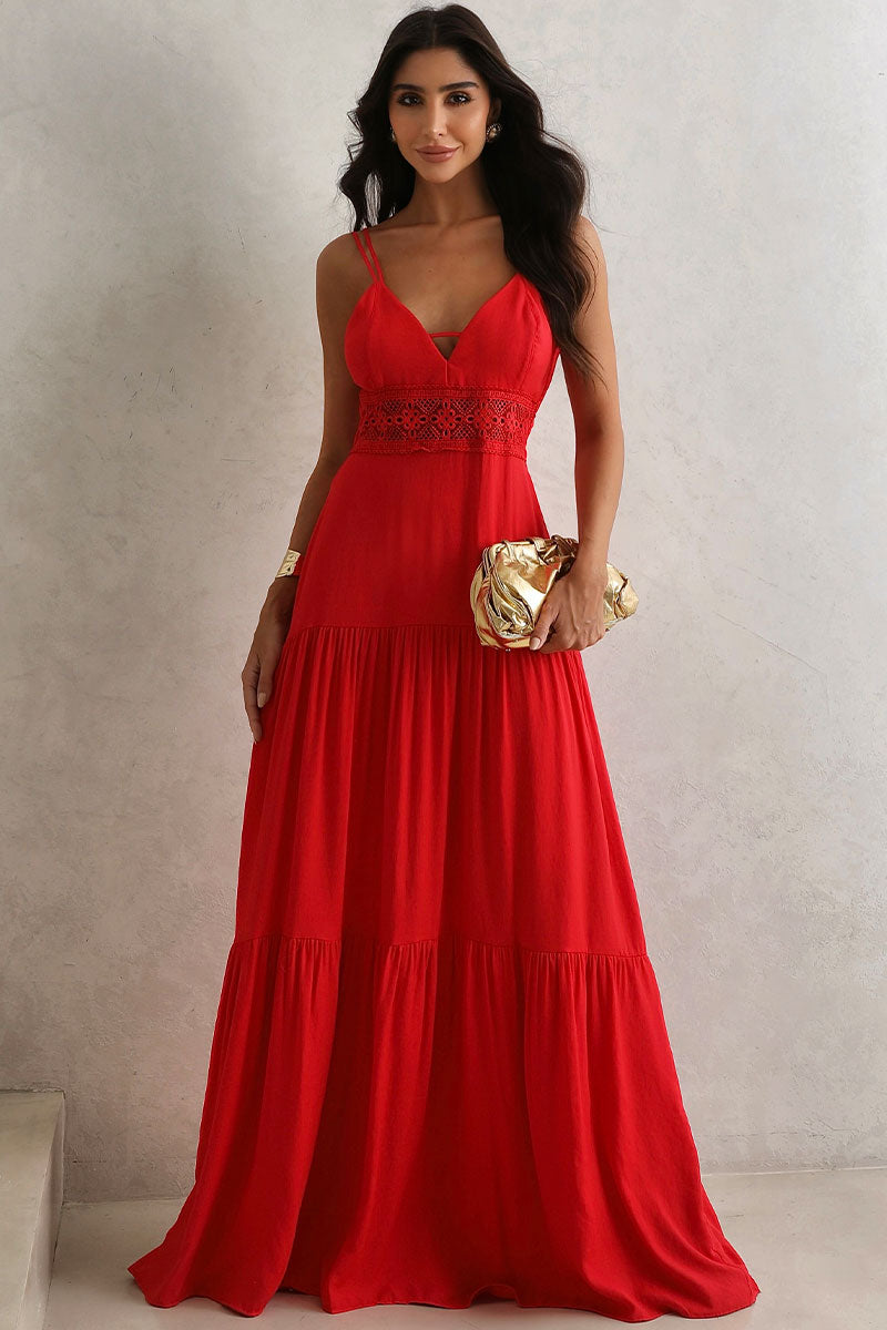 Vestido Val Longo Com Detalhe Guipir - Vermelho