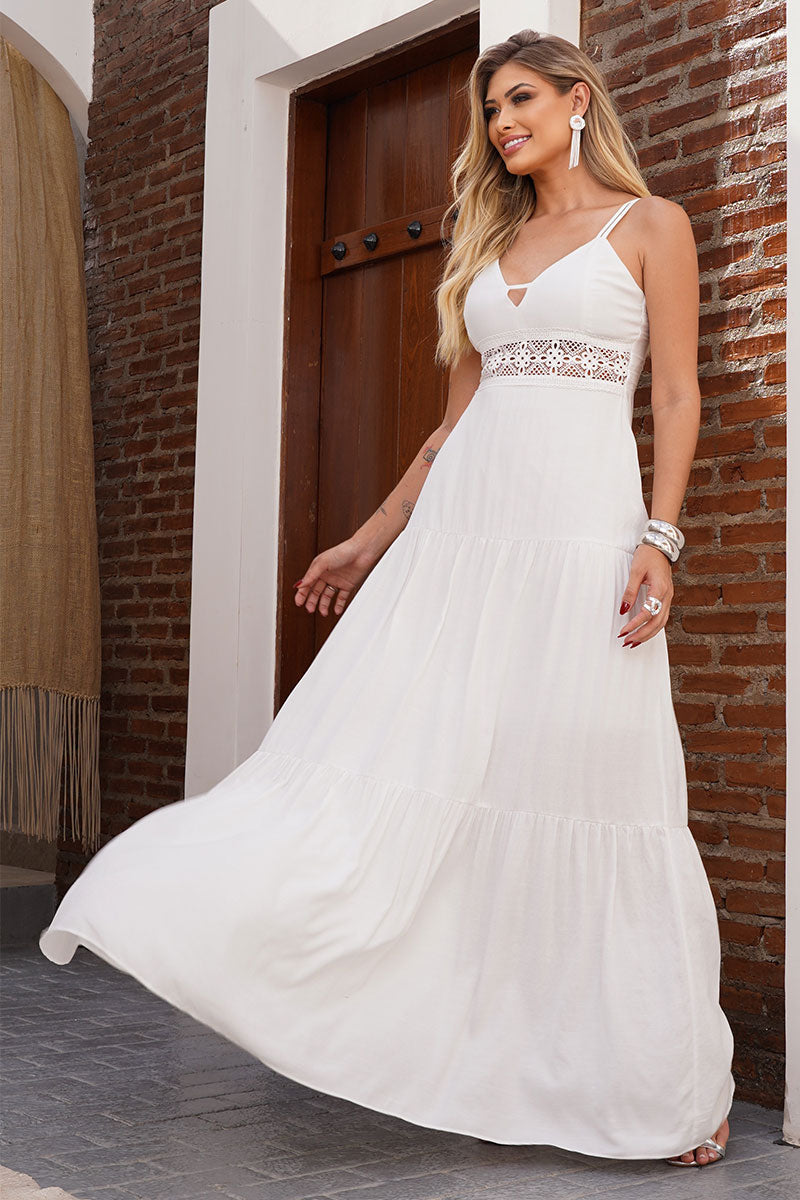 Vestido Val Longo Com Detalhe Guipir - Off White