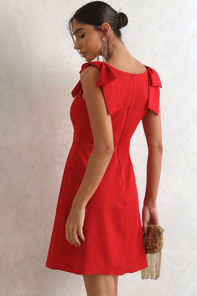 Vestido Fernanda Com Pregas e Laço Ombro - Vermelho