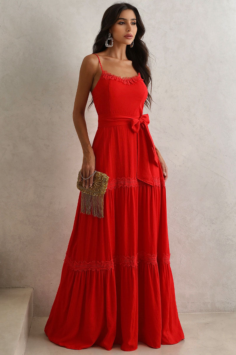 Vestido Taina Longo Com Faixa E Com Guipir - Vermelho