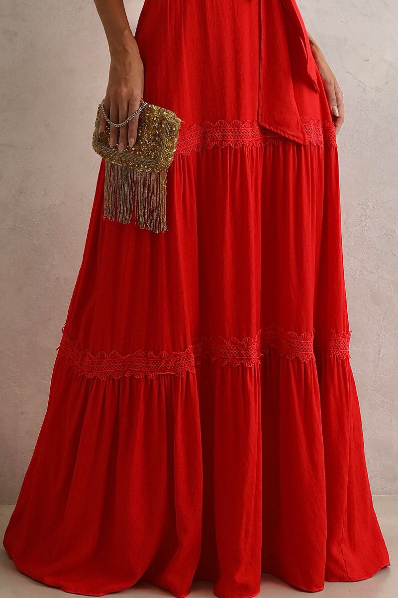 Vestido Taina Longo Com Faixa E Com Guipir - Vermelho