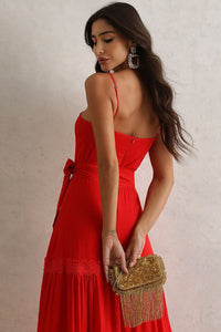 Vestido Taina Longo Com Faixa E Com Guipir - Vermelho