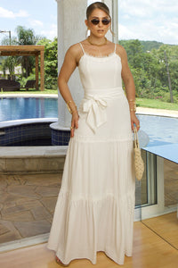 Vestido Taina Longo Com Faixa E Com Guipir - Off White