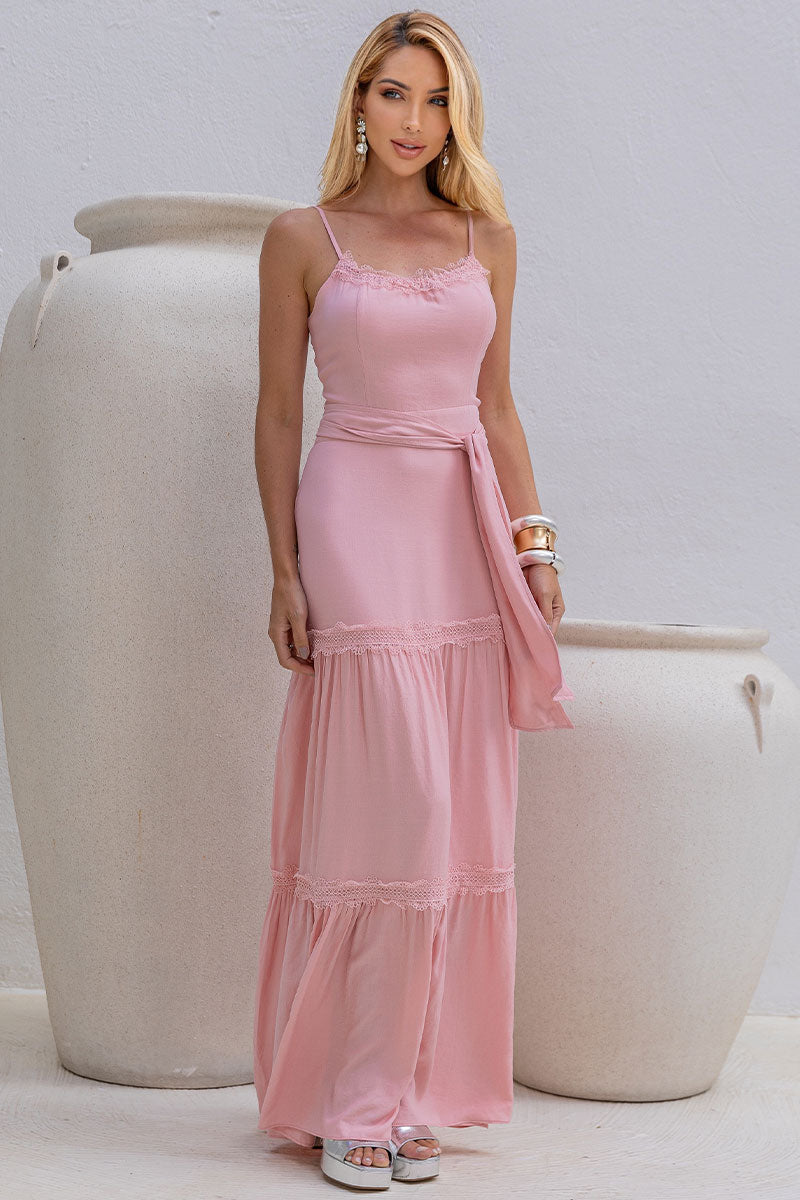 Vestido Taina Longo Com Faixa E Com Guipir - Rosa