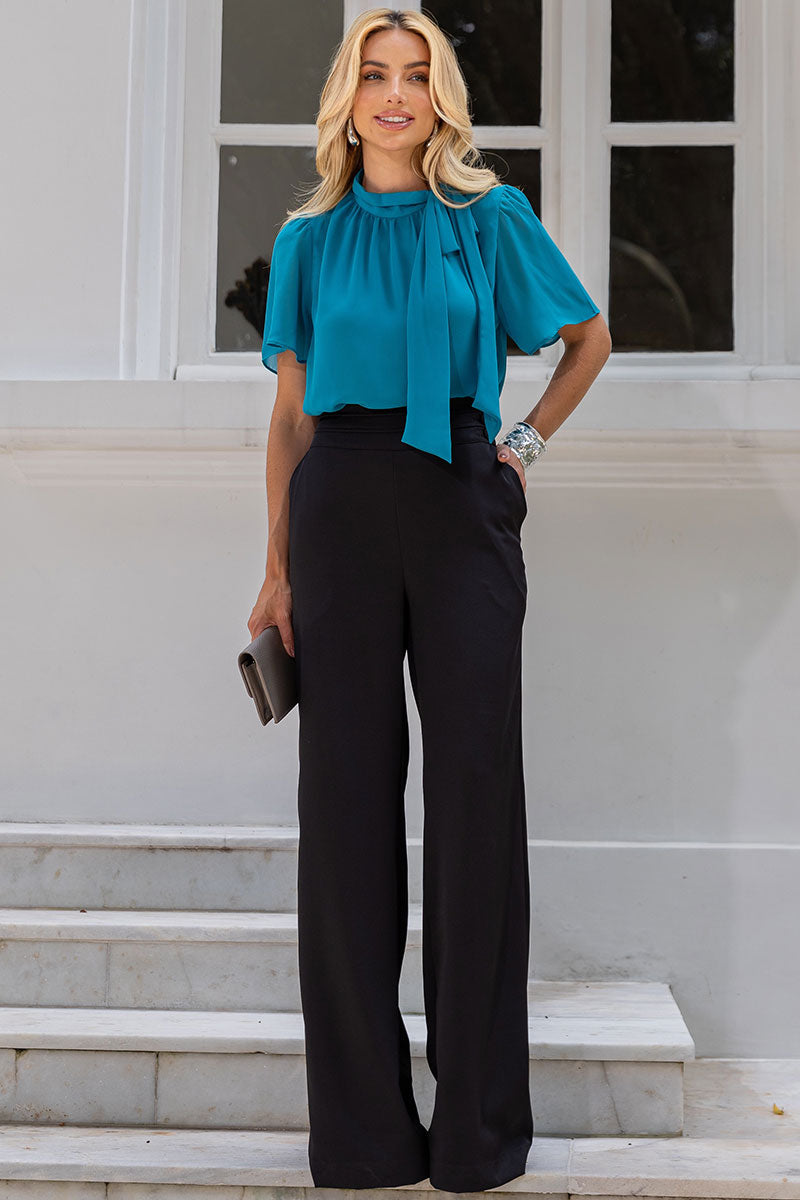 Blusa Renata Crepe Com Laço Na Gola - Azul