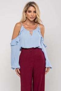 Blusa Brenda Crepe Manga Longa Vazada - Azul