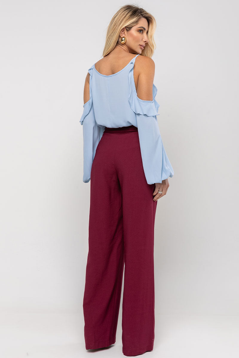 Blusa Brenda Crepe Manga Longa Vazada - Azul