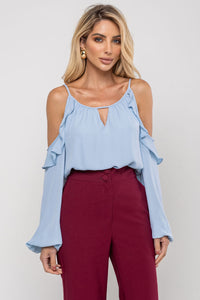 Blusa Brenda Crepe Manga Longa Vazada - Azul