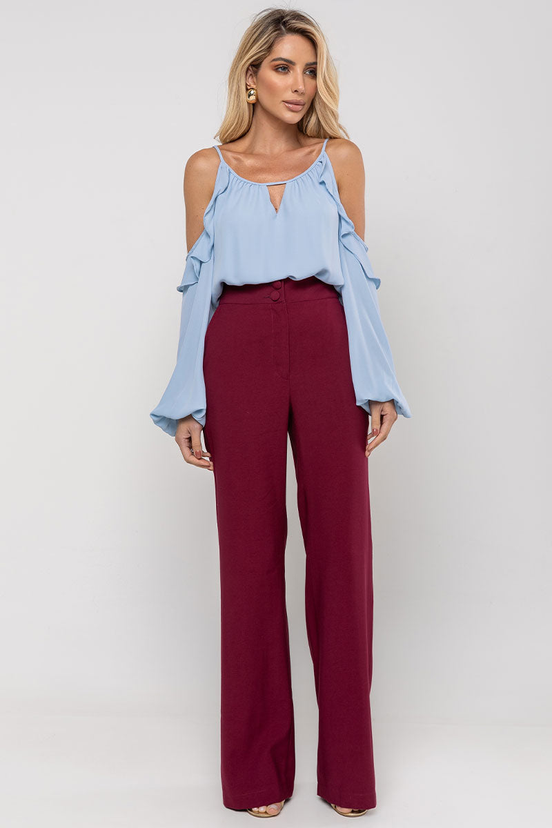 Blusa Brenda Crepe Manga Longa Vazada - Azul