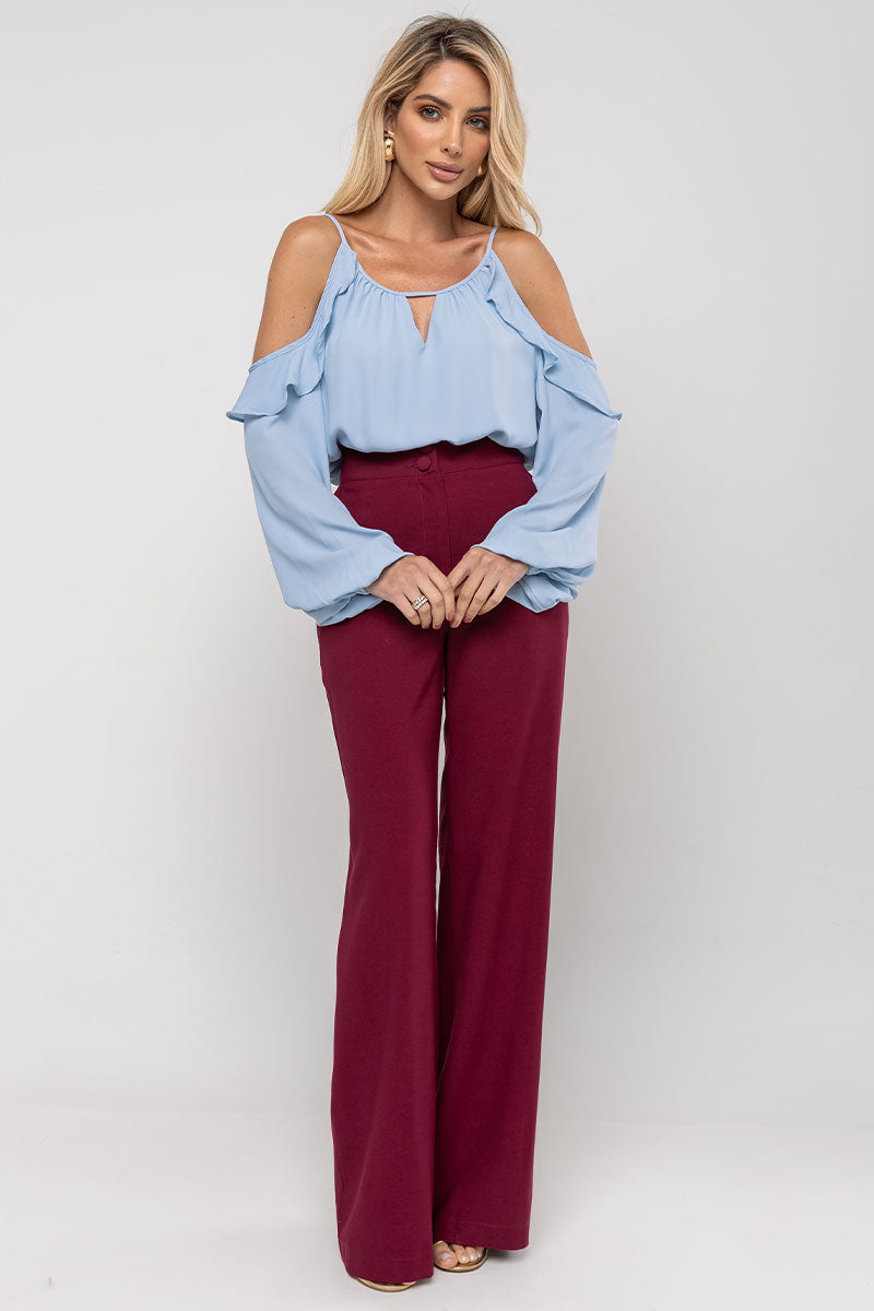 Blusa Brenda Crepe Manga Longa Vazada - Azul