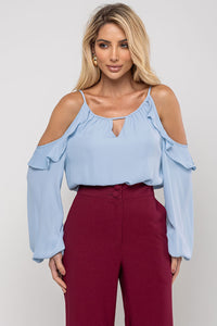 Blusa Brenda Crepe Manga Longa Vazada - Azul