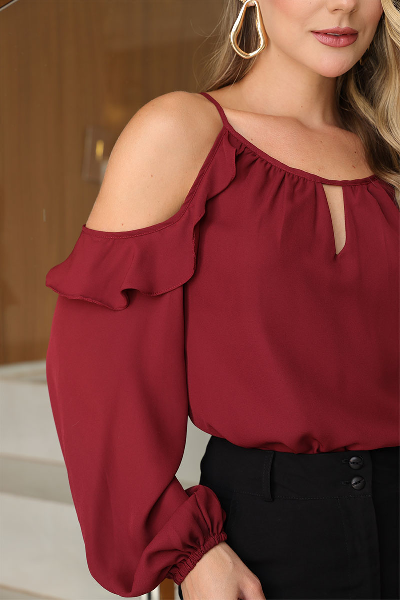 Blusa Brenda Crepe Manga Longa Vazada - Vinho
