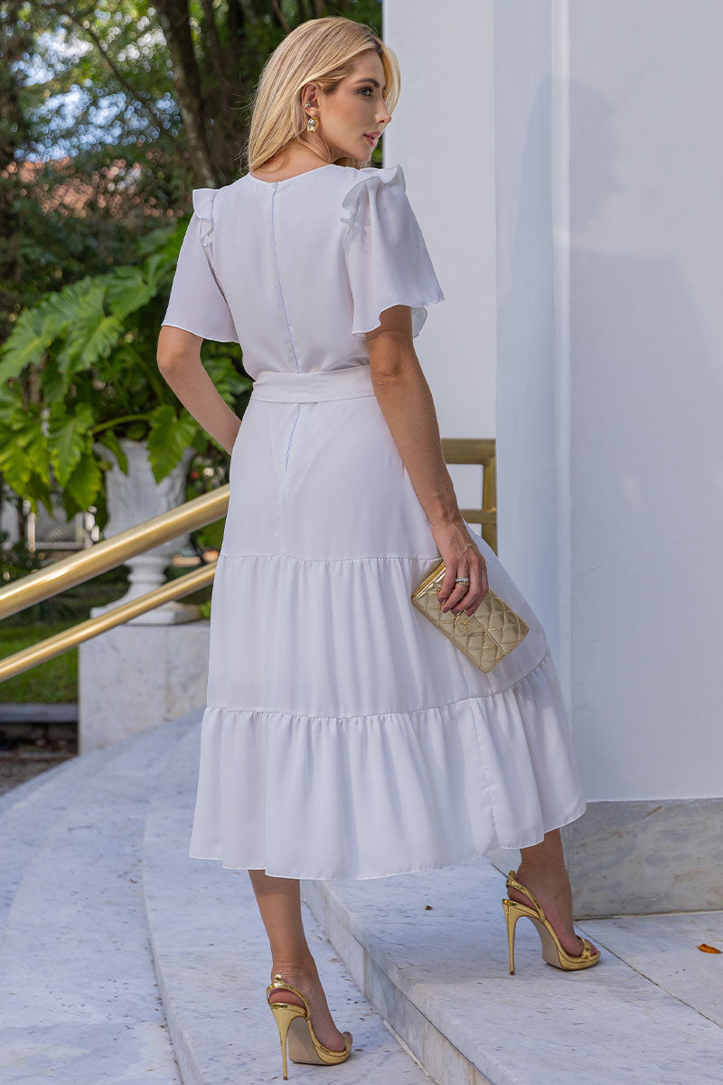 Vestido Silvia Com Guipir e Faixa - Off White
