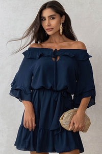 Vestido Simone Crepe Ombro A Ombro Com Faixa - Azul Marinho