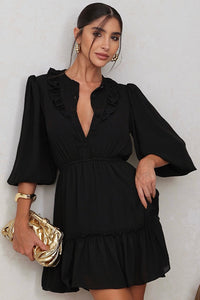 Vestido Fatima Crepe Com Babado E Botão - Preto