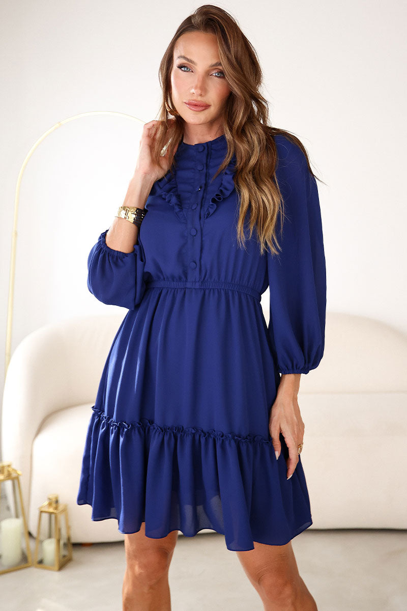 Vestido Fátima Crepe com Babado e Botão - Azul Marinho