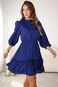 Vestido Fátima Crepe com Babado e Botão - Azul Marinho