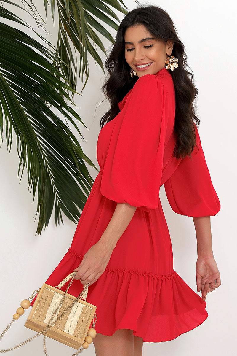 Vestido Fatima Crepe com Babado E Botão - Vermelho