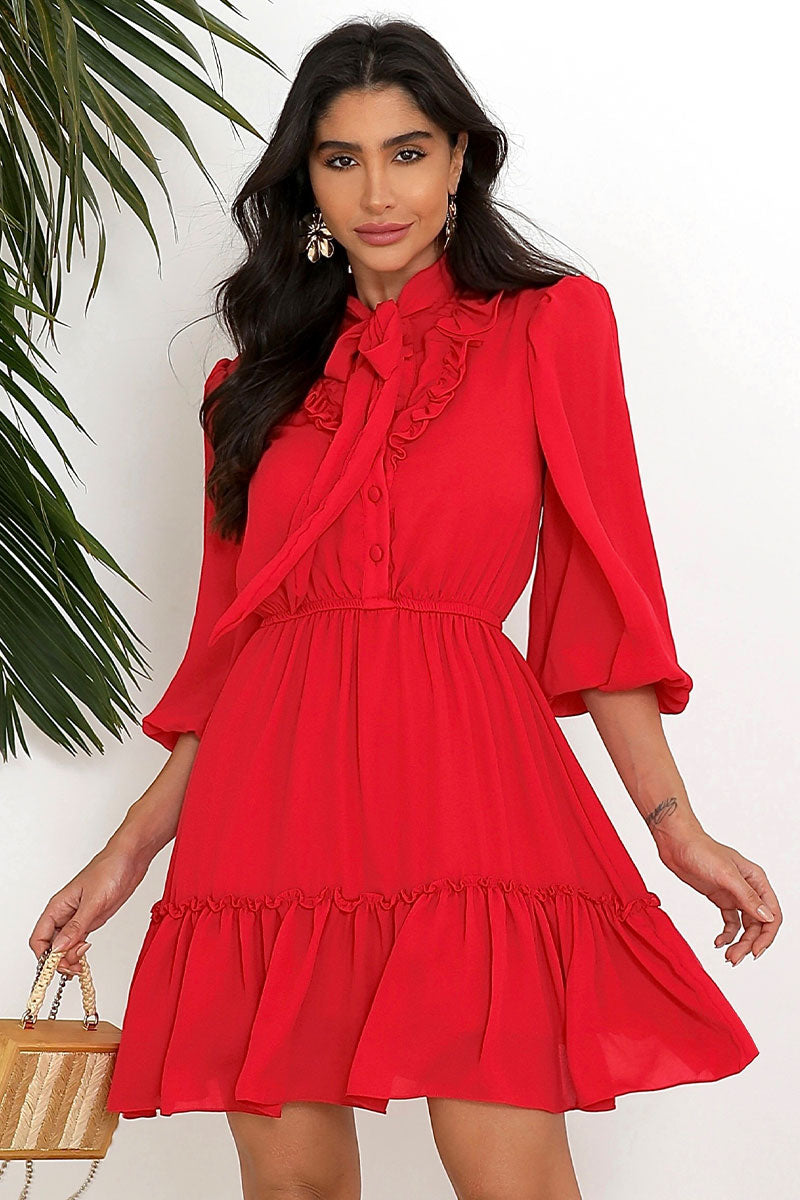 Vestido Fatima Crepe com Babado E Botão - Vermelho
