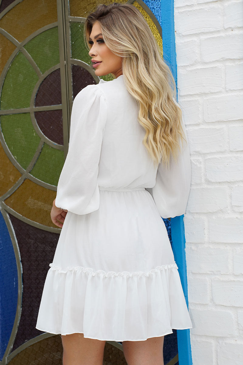 Vestido Fátima Crepe Com Babado e Botão - Off White