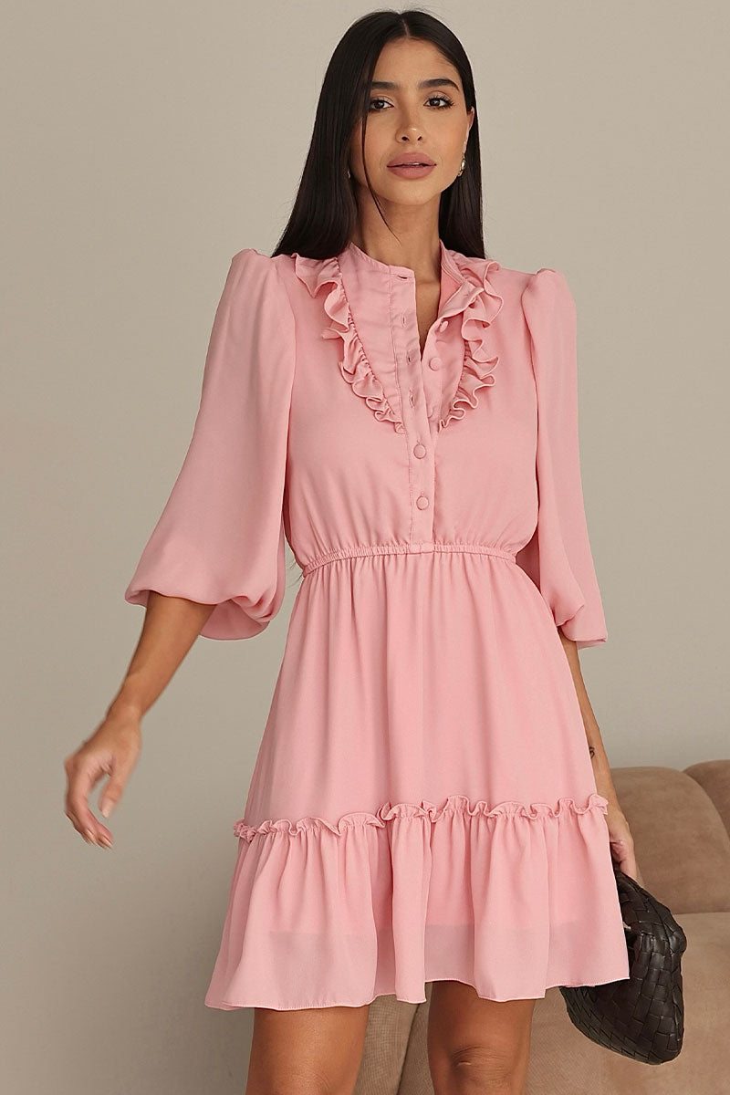 Vestido Fatima Crepe Com Babado E Botão - Rosa