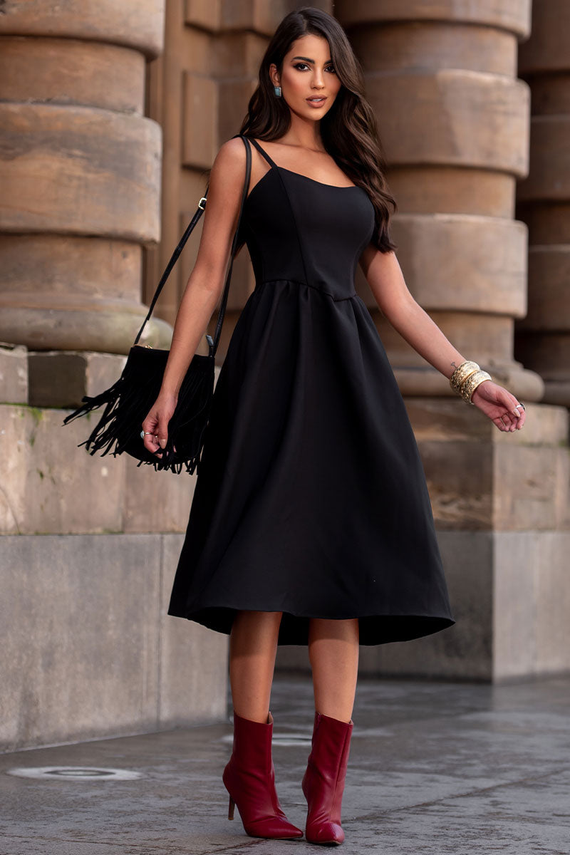 Vestido Karine Midi Com Pregas Na Saia - Preto