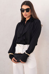 Blusa Agatha Crepe Com Babado, Botão e Manga Longa - Preto