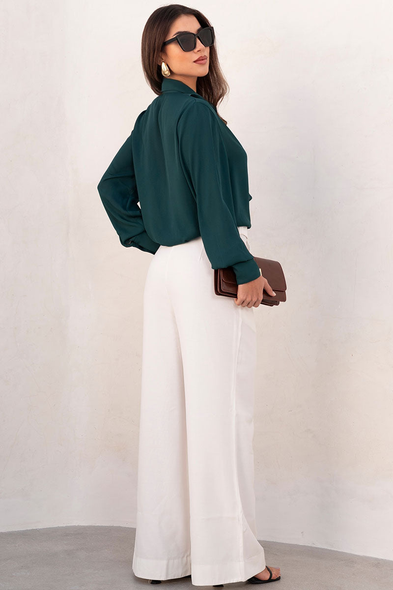 Blusa Agatha Crepe Com Babado, Botão e Manga Longa - Verde