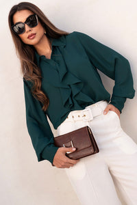 Blusa Agatha Crepe Com Babado, Botão e Manga Longa - Verde