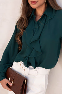 Blusa Agatha Crepe Com Babado, Botão e Manga Longa - Verde