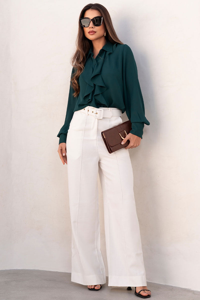 Blusa Agatha Crepe Com Babado, Botão e Manga Longa - Verde