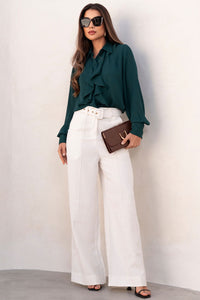 Blusa Agatha Crepe Com Babado, Botão e Manga Longa - Verde