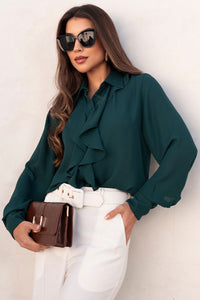 Blusa Agatha Crepe Com Babado, Botão e Manga Longa - Verde