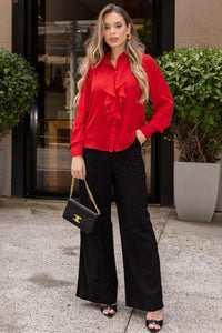 Blusa Aghata Crepe Com Babado, Botão e Manga Longa - Vermelho