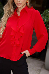 Blusa Aghata Crepe Com Babado, Botão e Manga Longa - Vermelho