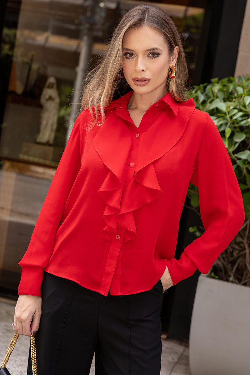 Blusa Aghata Crepe Com Babado, Botão e Manga Longa - Vermelho