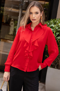 Blusa Aghata Crepe Com Babado, Botão e Manga Longa - Vermelho