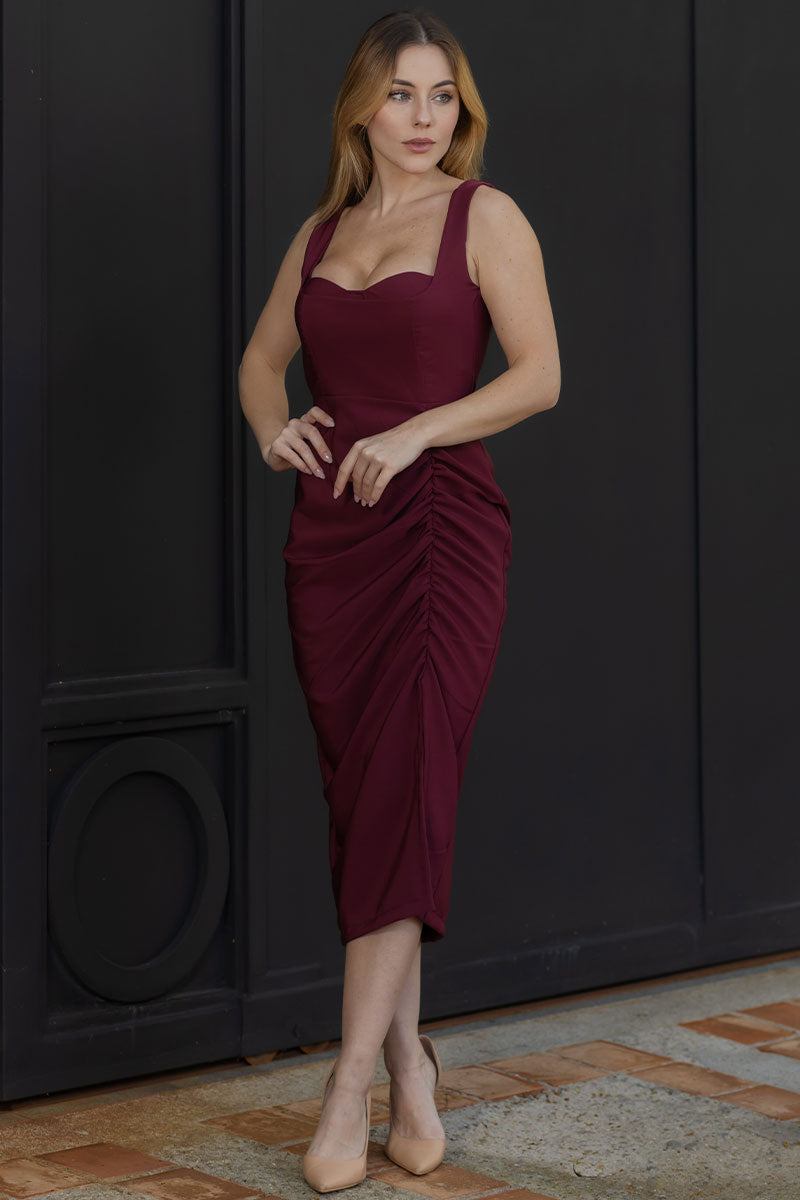 Vestido Ivone Midi Franzido Frente Com Bojo - Vinho