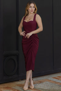 Vestido Ivone Midi Franzido Frente Com Bojo - Vinho