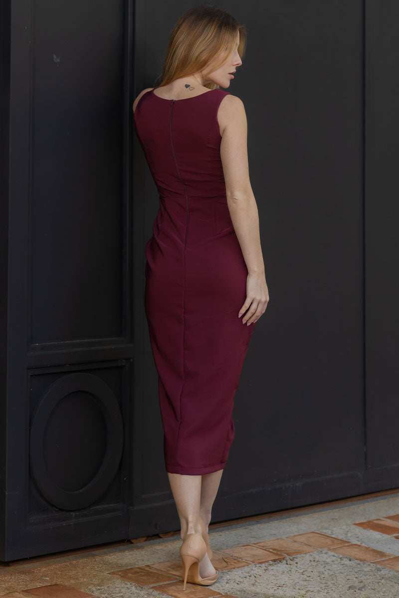Vestido Ivone Midi Franzido Frente Com Bojo - Vinho