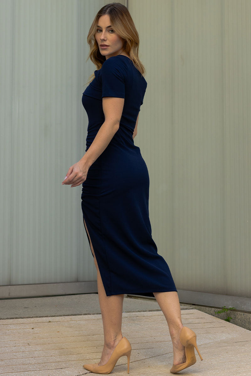 Vestido Elisangela Ombro a Ombro Franzido Com Zíper - Azul Marinho